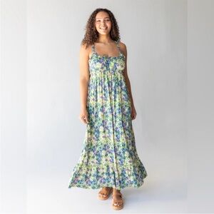 Natural Life Purple Blue & Green Elizabeth Floral Peasant Milkmaid Maxi Dress S